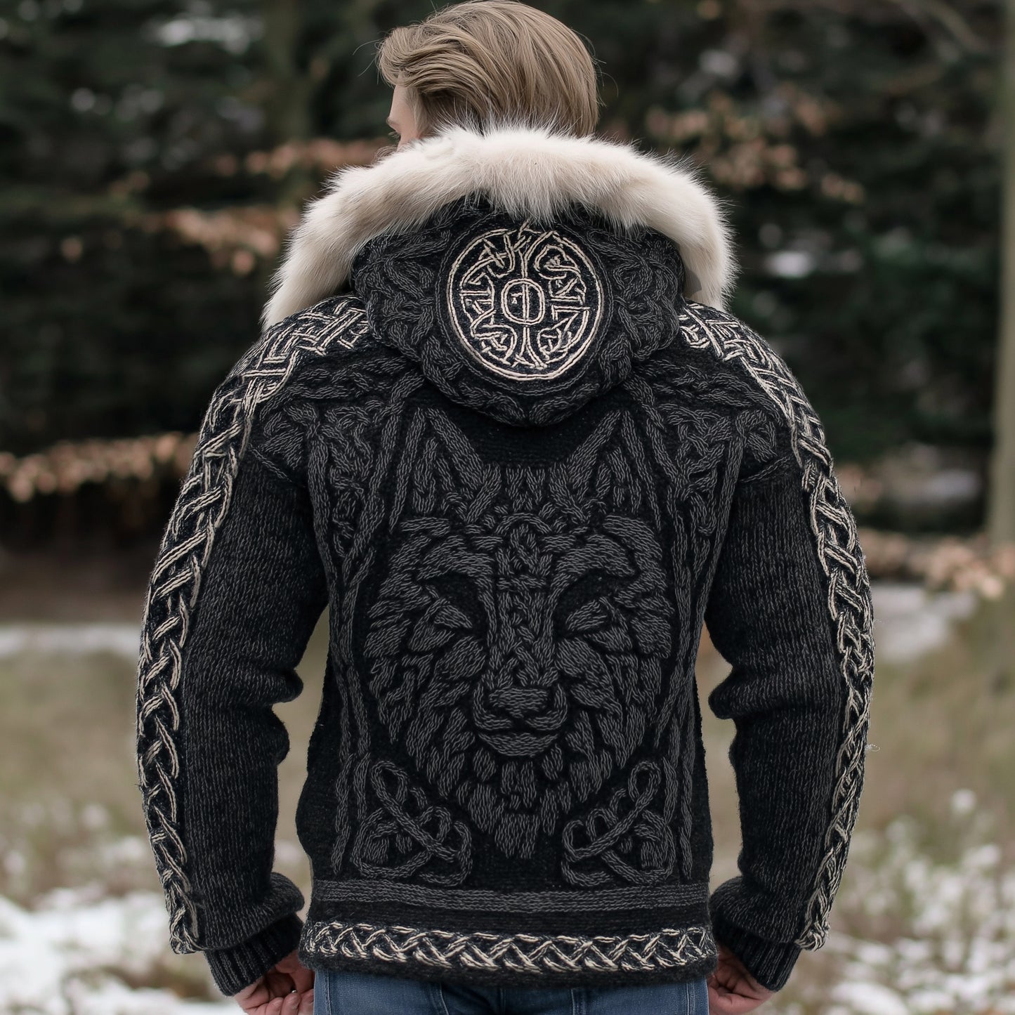 Men's Viking Wolf Celtic Jacquard Knit Fuzzy Hooded Zipper Cardigan artswardrobe