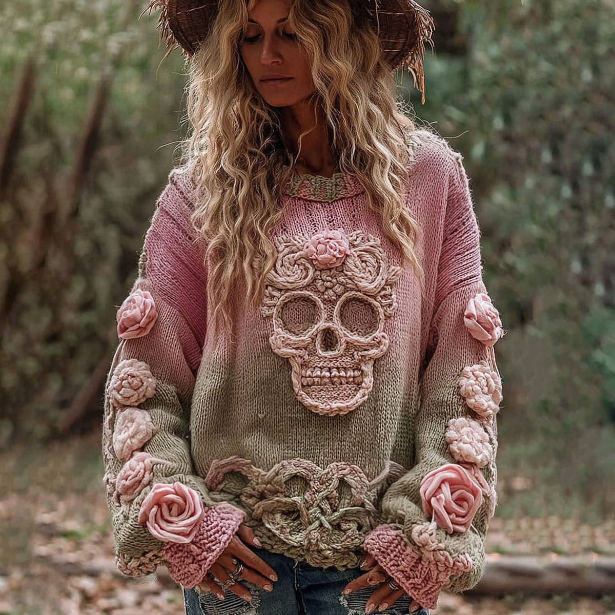 Women's Viking Tribal Jacquard Celtic With Rose And Skull Inspired Chunky Knit Round Neck Sweater artswardrobe