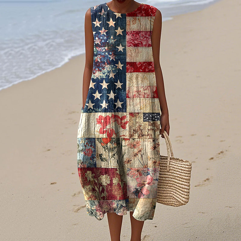 Vintage American Flag Independence Day 4th Of July Peaceinwar Art Linen Tank Dress artswardrobe