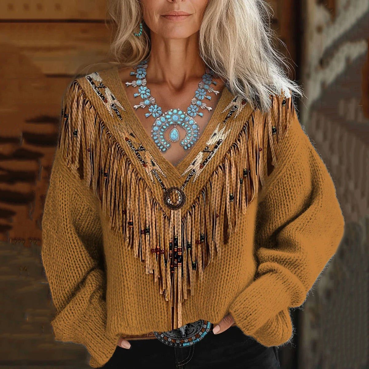 Women's Vintage Tribal Tassels Art Print V-neck Cozy Sweater artswardrobe