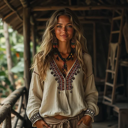 Comstylish Casual Ethnic Style Embroidered Linen Round Neck Long Sleeve Shirt