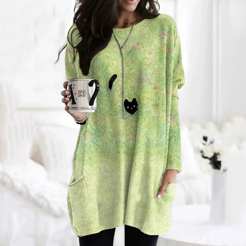 Flowers & Black Cat Art Casual Tunic elevenforest