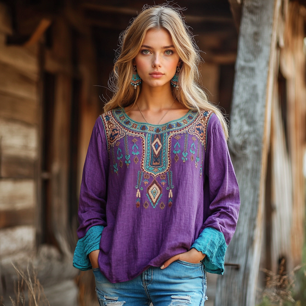 Vintage Bohemian Tribal Art Embroidery Print Cotton And Linen Round Neck Loose Shirt artswardrobe