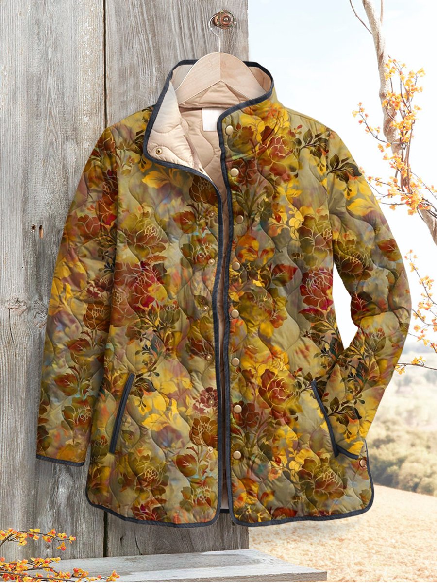 Women's Retro Floral Art Print Casual Quilted Cardigan