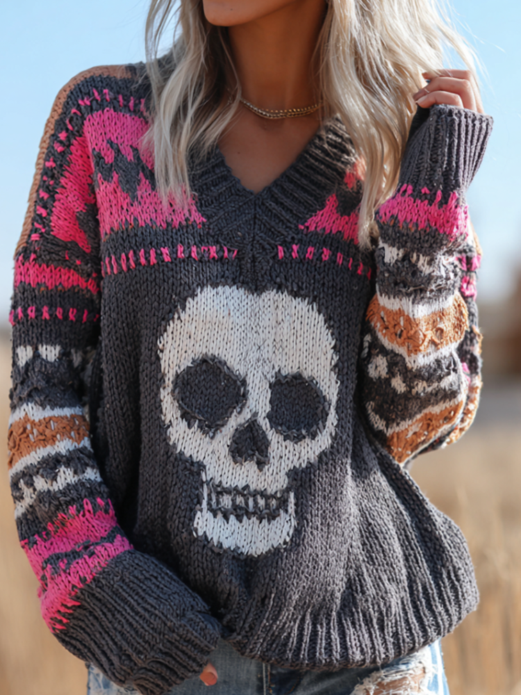 Halloween Skeleton Pattern Women's Knit V-neck Sweater artswardrobe