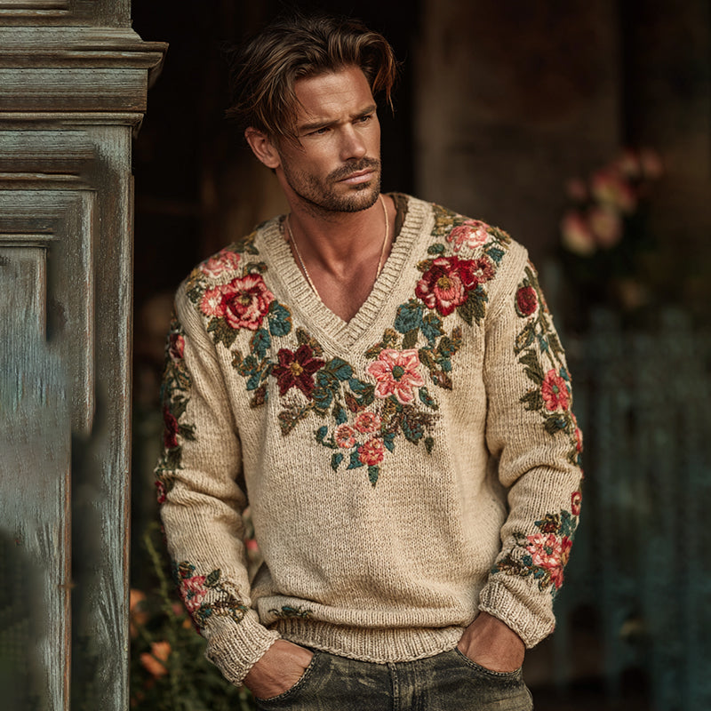 Men's Floral Art Jacquard Thick Warm V Neck Sweater artswardrobe