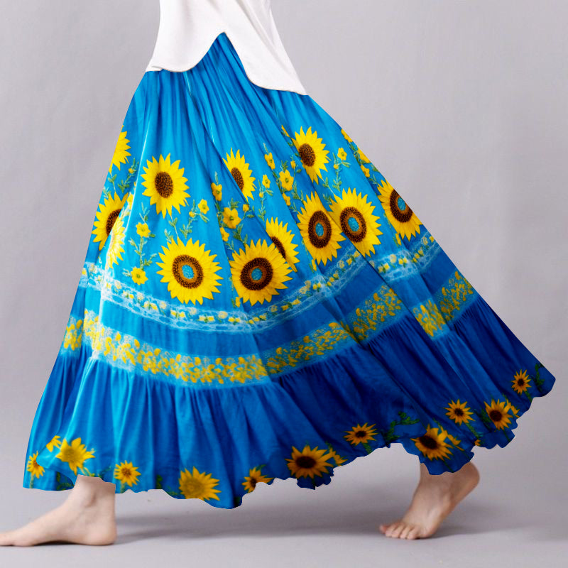 Vintage Sunflower Floral Embroidered Pattern Flowy Wide Skirt artswardrobe