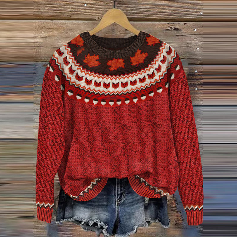 Maple Leaf Fox Print Knitted Pullover Sweater artswardrobe