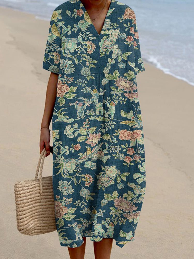 Vintage Japanese Art Flower Print V-Neck Casual Midi Dress
