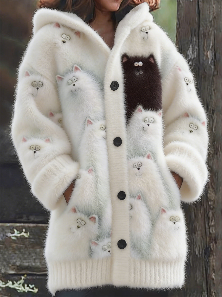 Comstylish Crowded Fuzzy Black & White Cats Cozy Hooded Cardigan