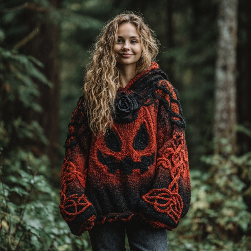 Women's Halloween Spooky Face Celtic Gradient Art Cozy Knitted Hooded Sweater artswardrobe
