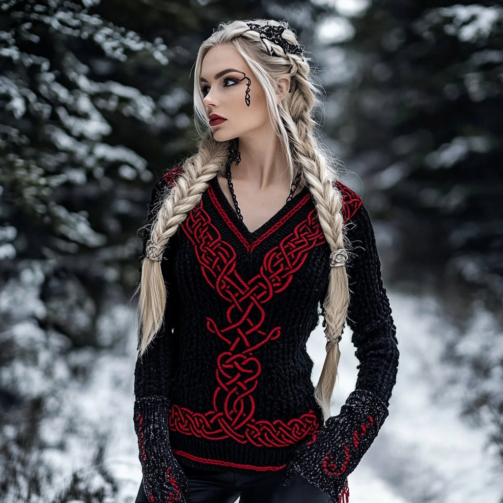 Women's Viking Celtic Pattern V-neck Cozy Knit Sweater artswardrobe