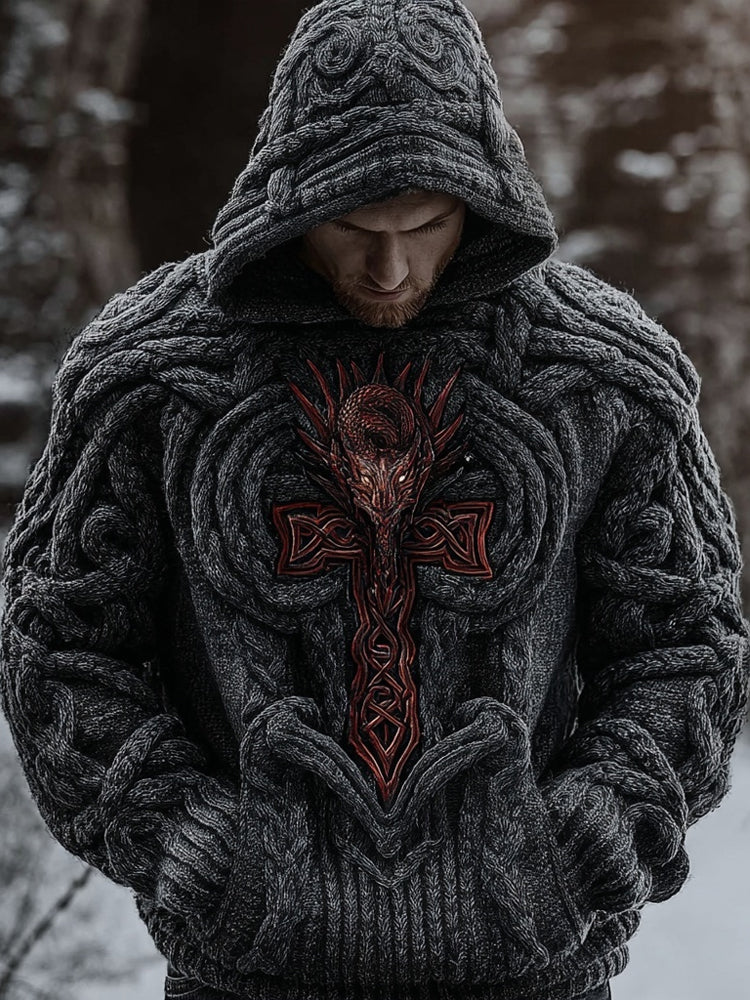 Men's Vintage Dragon Cross Celtic Chunky Hooded Sweater artswardrobe