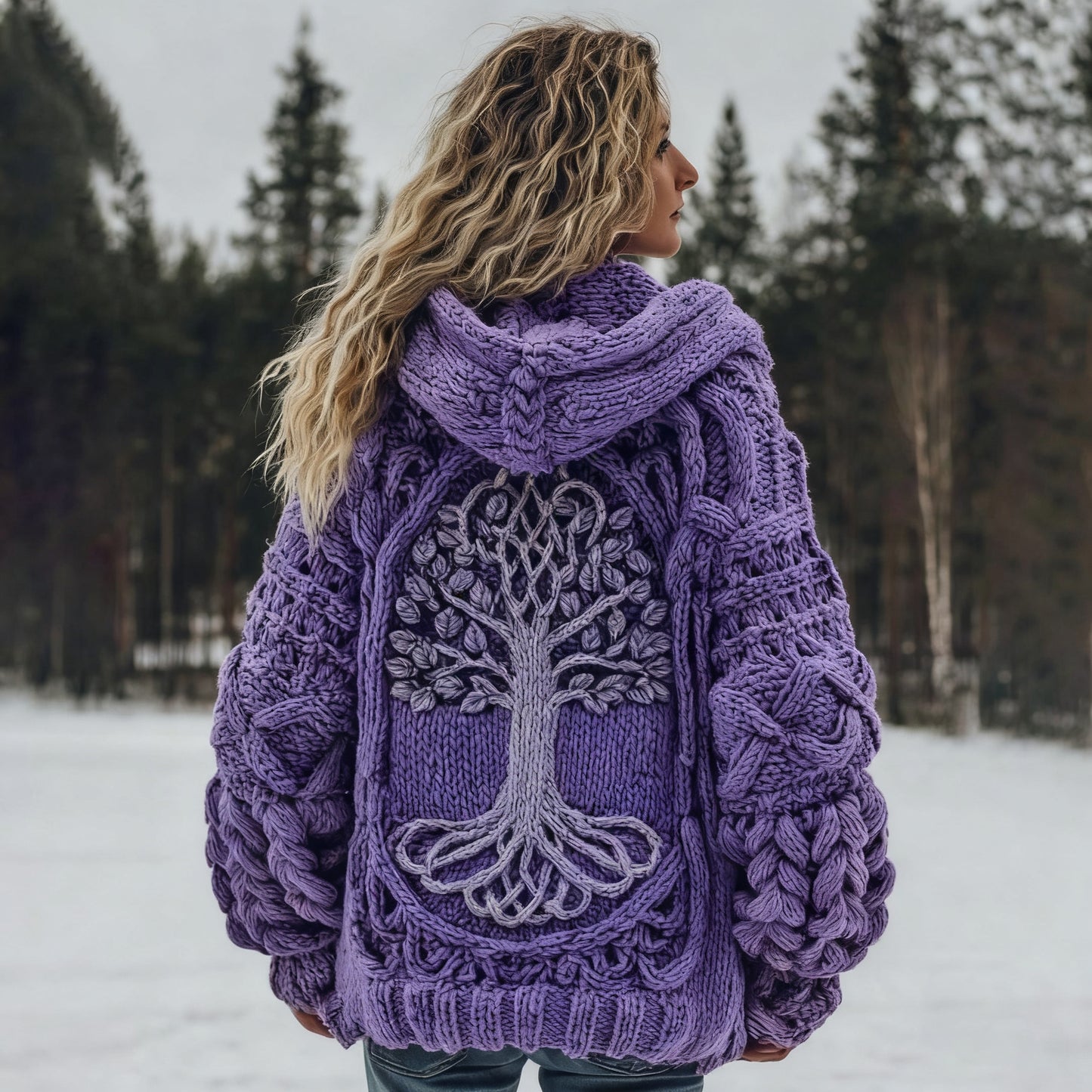 Women's Vintage Viking Tree Of Life Cozy Knit Hooded Sweater artswardrobe