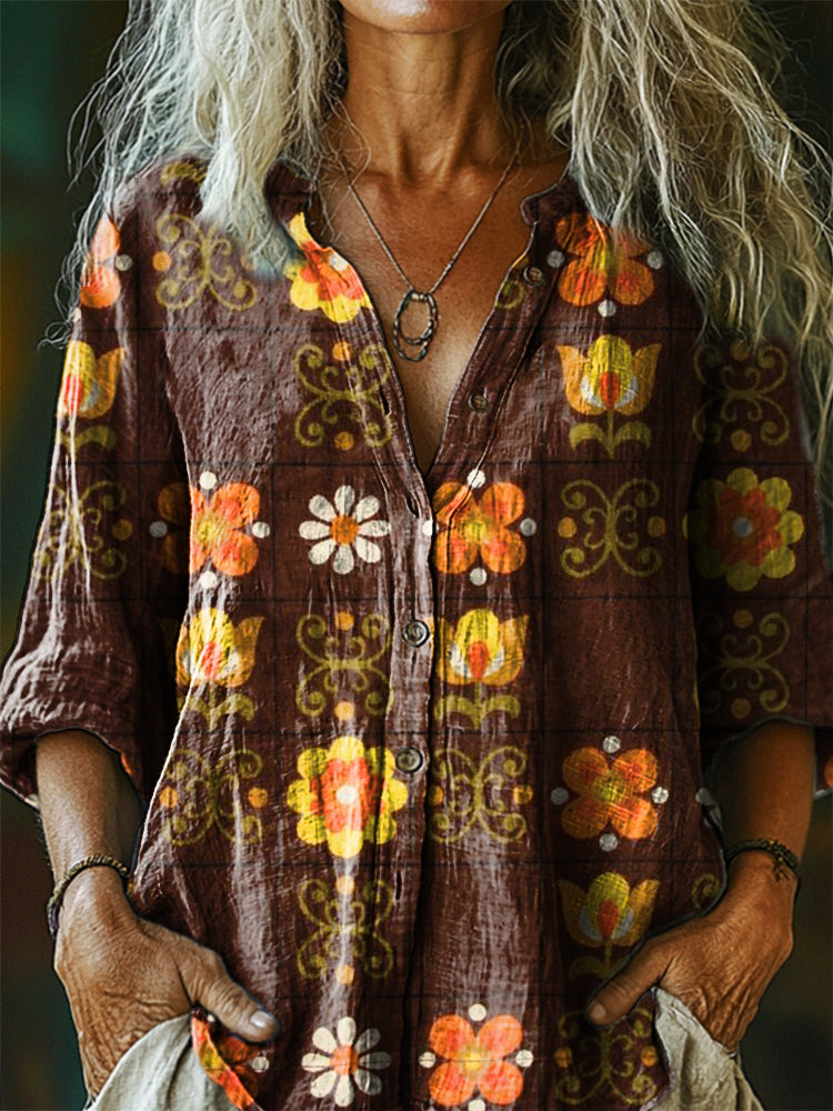 Women's Vintage Floral Art Print Casual Cotton Linen Shirt