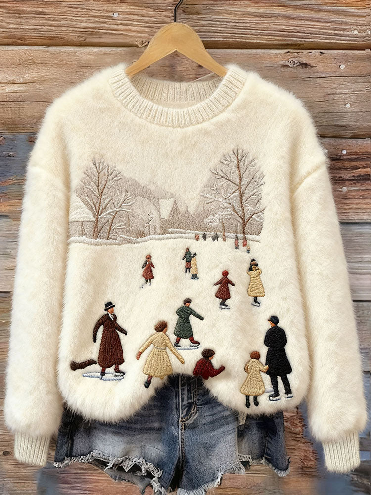 Comstylish Christmas Season Ice Skating Scenery Cozy Plush Sweater