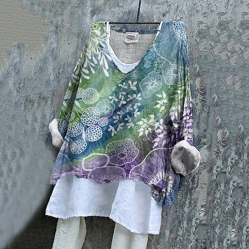 Vintage Fantasy Floral Art Pattern Linen Blend Tunic artswardrobe