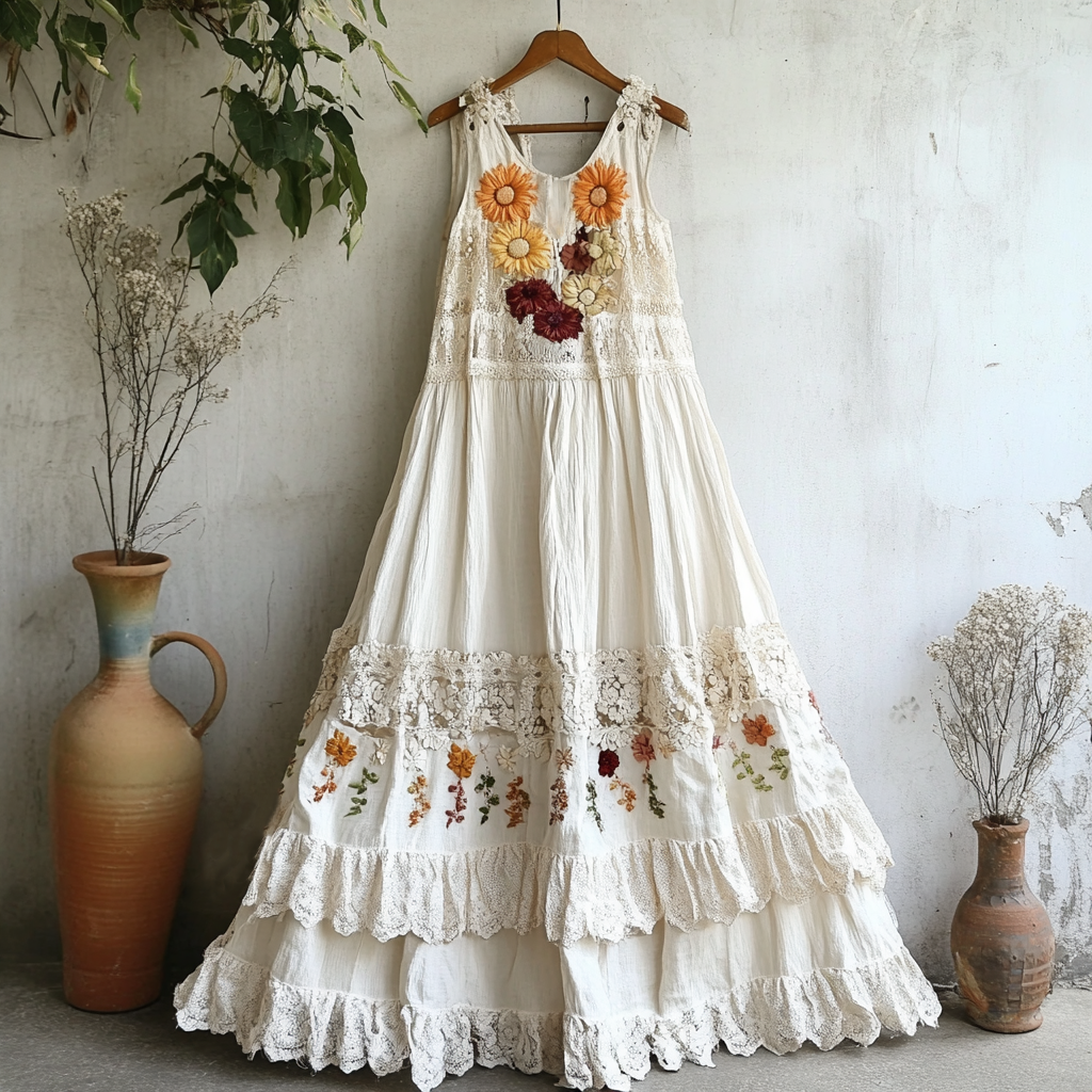 Bohemian Floral Embroidered Lace Sleeveless Dress artswardrobe