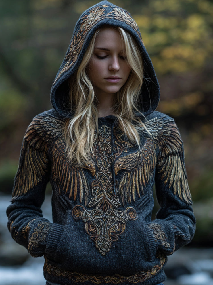 Women's Vintage Viking-style Golden Double-crow Three-dimensional Embroidered Hooded Sweater artswardrobe