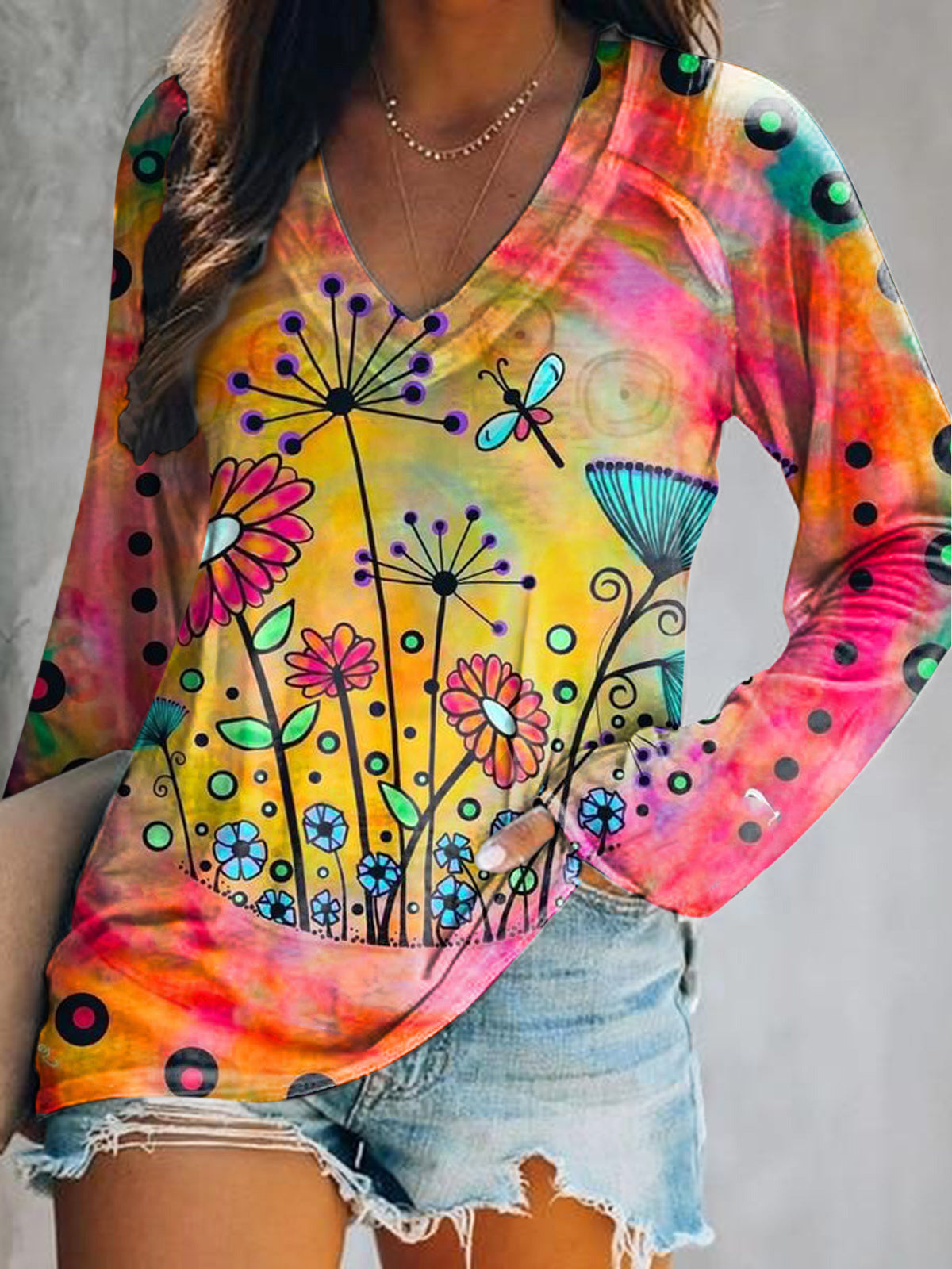 Women's Art Painting Hippie Print V-Neck Long Sleeve