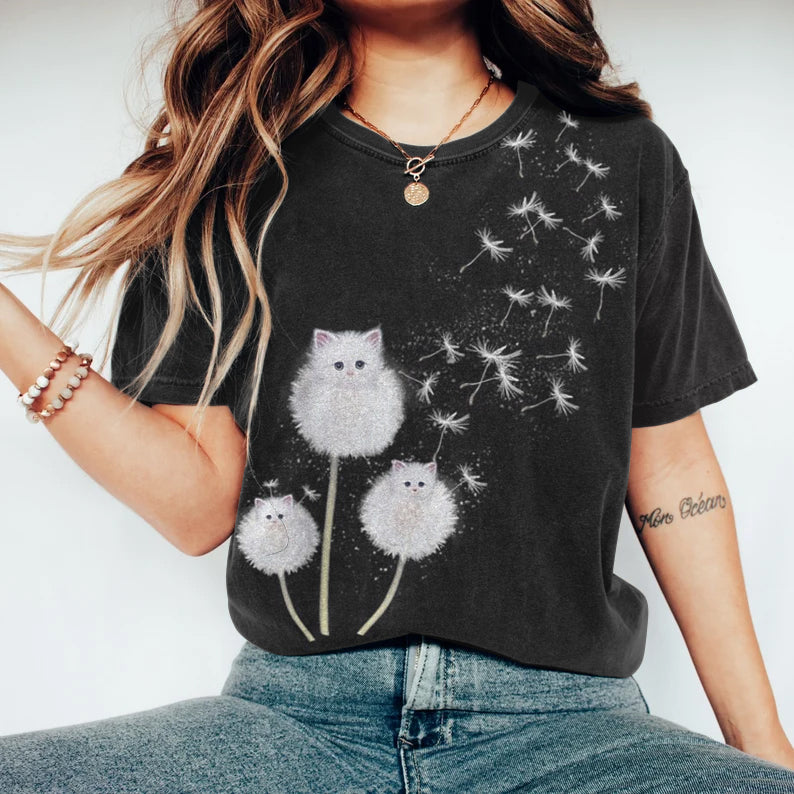 Comstylish Dandelion Cat Art Pattern Short Sleeve T-Shirt