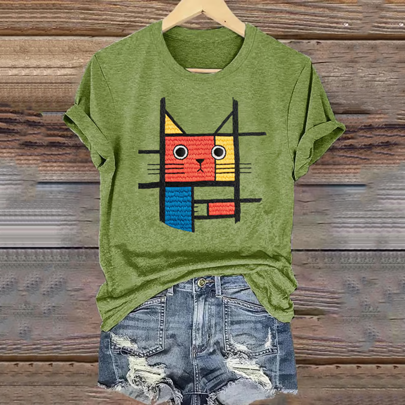 Abstract Creative Geometric Cat Embroidered Art Print Cotton Graphic T-shirt elevenforest