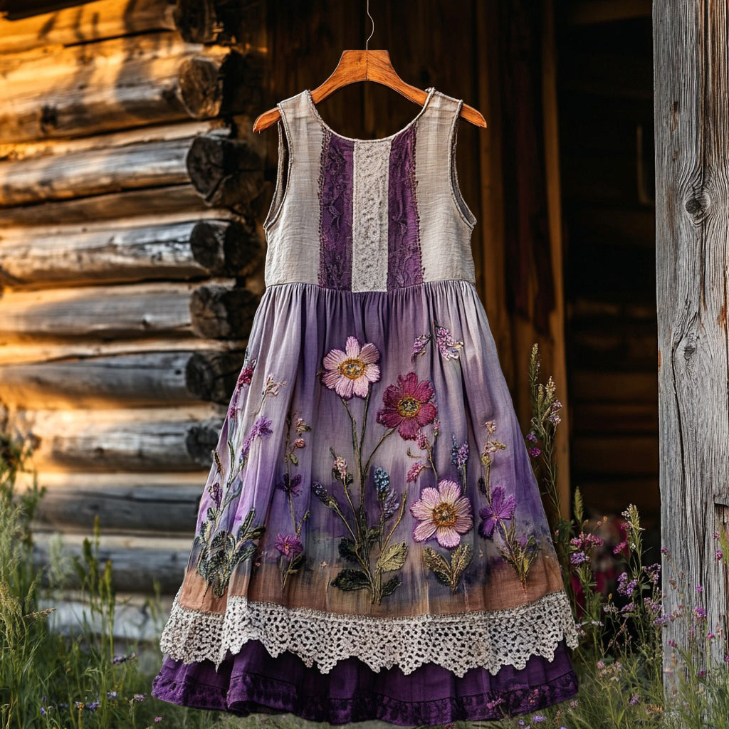 Vintage Purple Floral Lace Patchwork Art Comfy Tank Dress artswardrobe