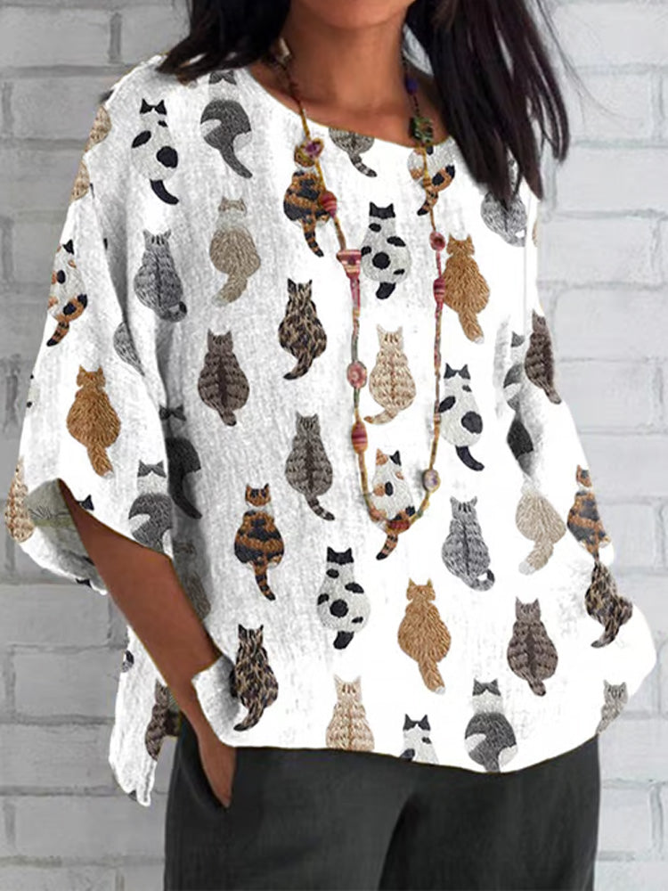 Women's Cute Cats Embroidery Print Round Neck Short Sleeve T-Shirt elevenforest