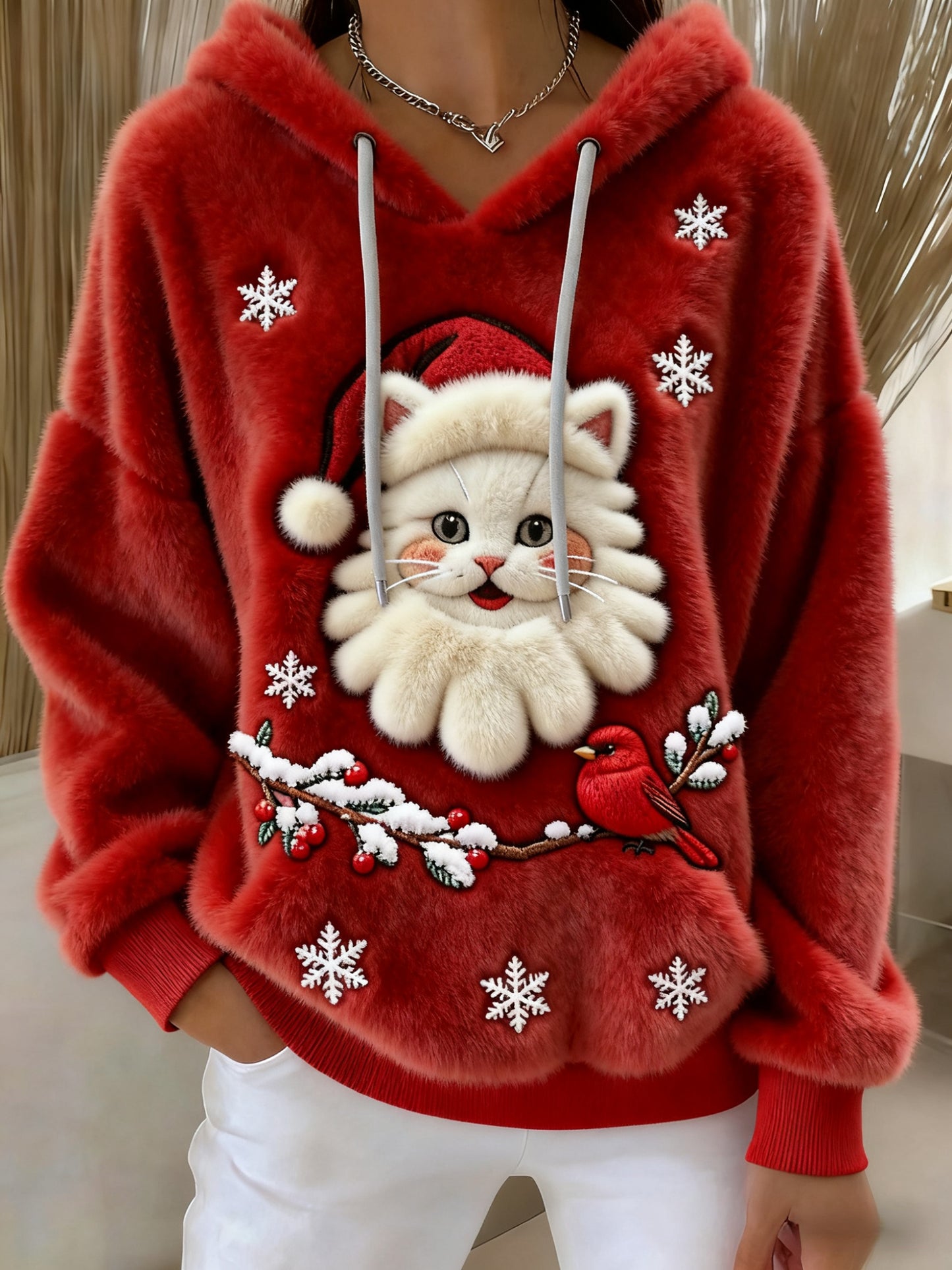 Christmas Santa Cat Art Women's Cozy Plush Hooded Sweater