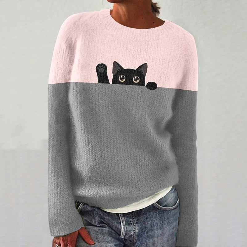 Women's Color Block Black Cat Art Cozy Sweater elevenforest