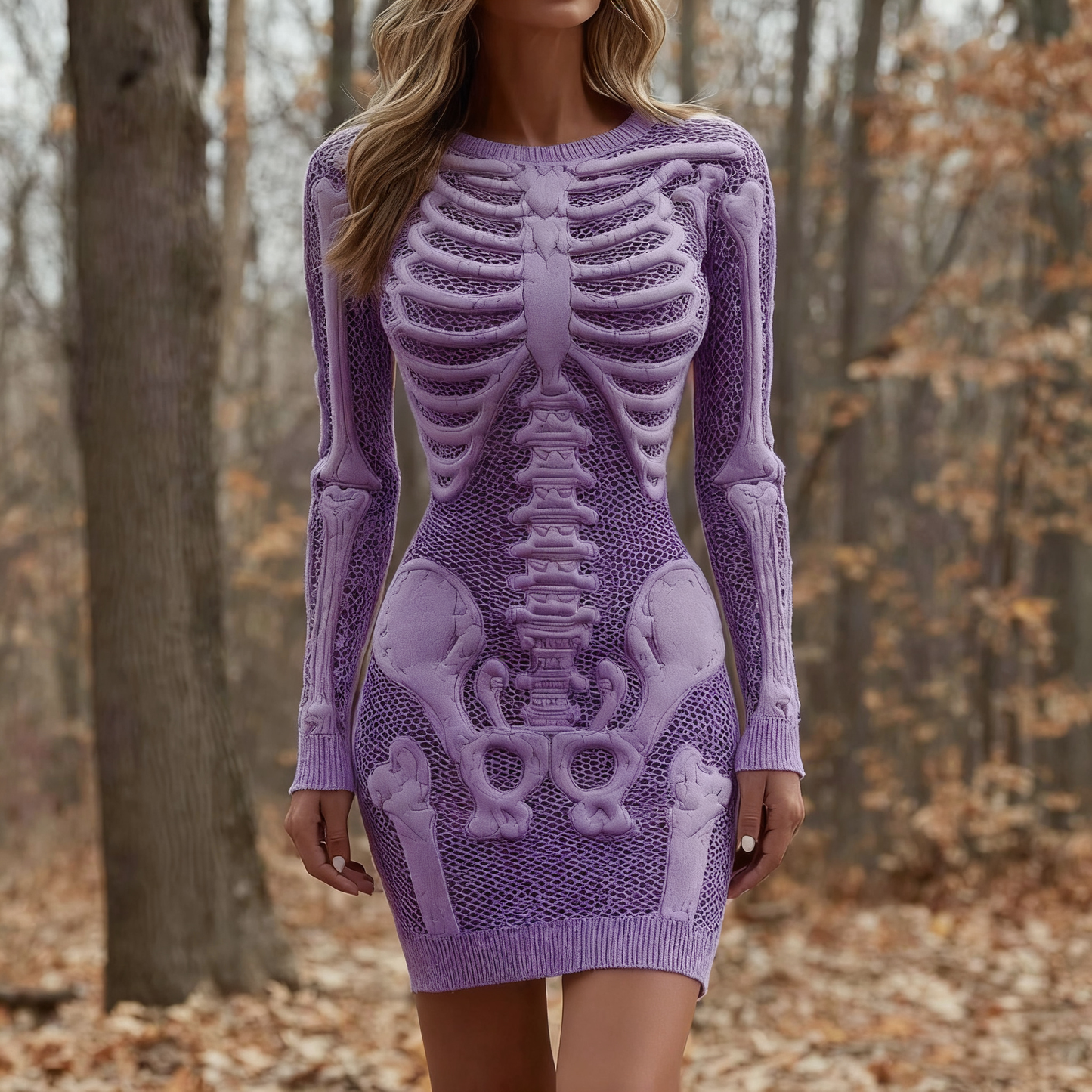 Women's Vintage Halloween Skeleton Bones Comfortable Elegant Sweater Dress artswardrobe