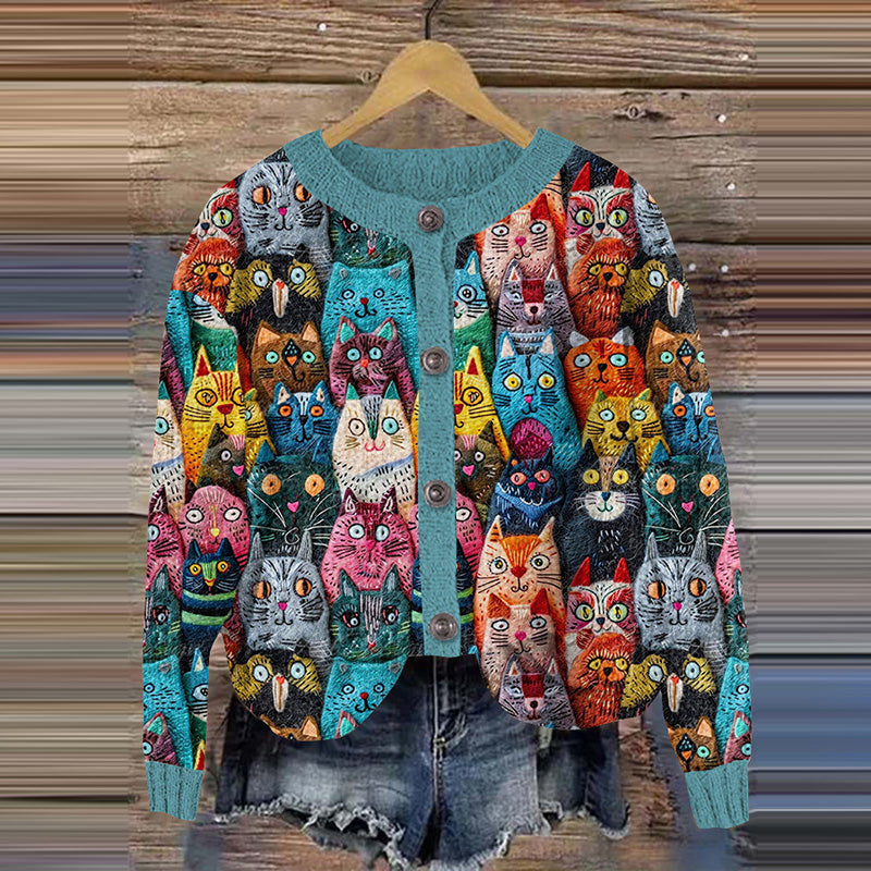 Cute Cats Embroidered Crew Neck Cozy Cardigan elevenforest