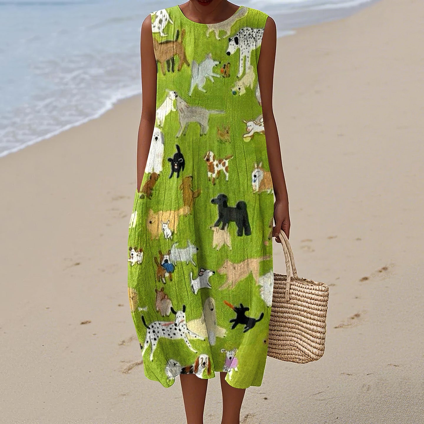 Comstylish Women's Dog Art Print Crew Neck Tank Midi Dress