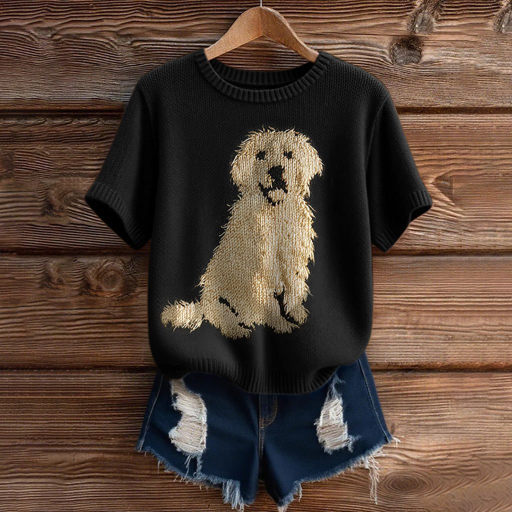Comstylish Vintage Classic Fuzzy Golden Retriever Dog Felt Inspired Short Sleeve Cozy Knit Sweater