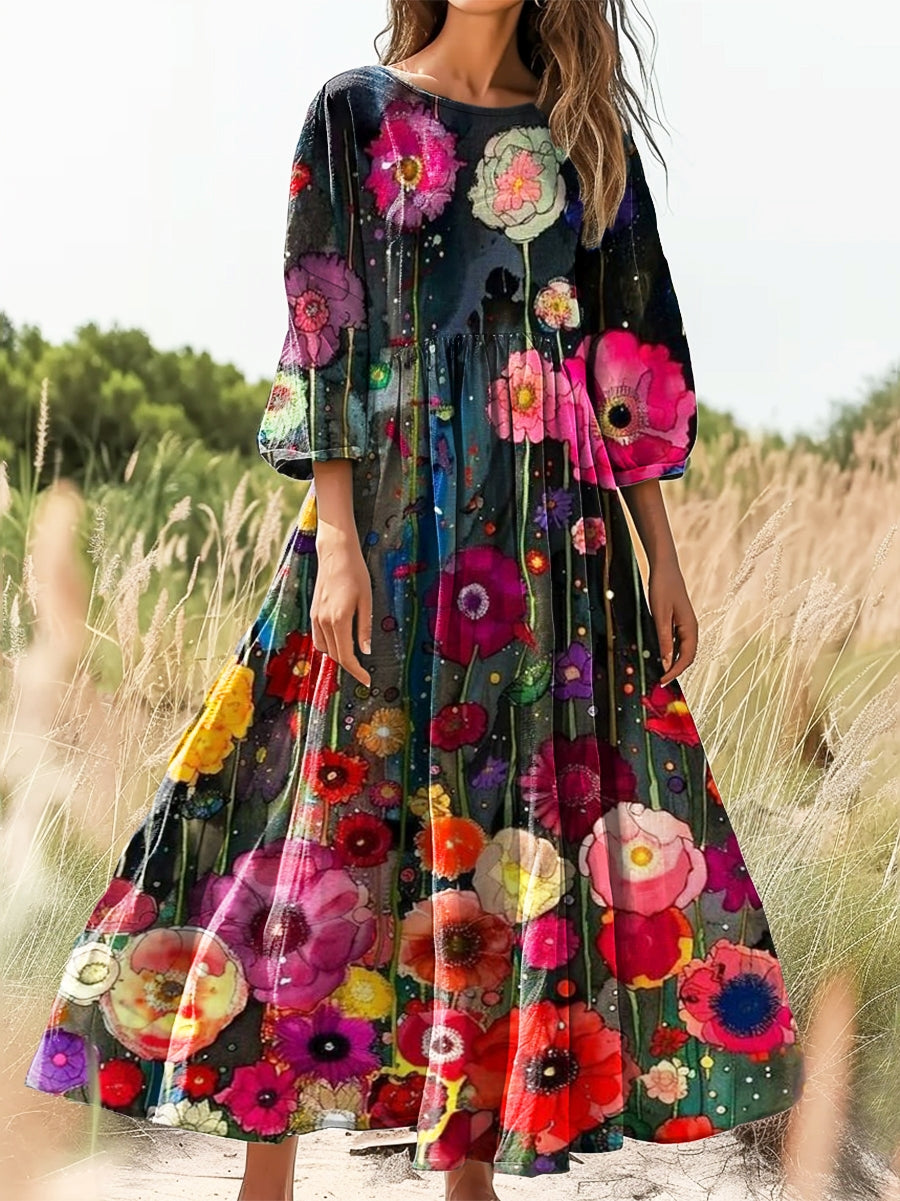 Women's Watercolor Floral Art Print Flowy Cotton Crew Neck Dress