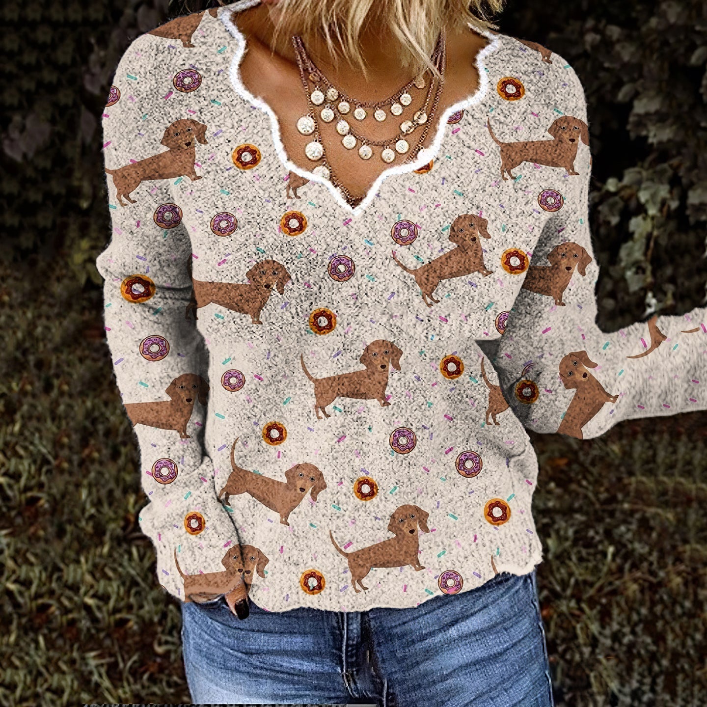 Comstylish Cute Dachshund Print Long Sleeve Casual Knitted Sweater