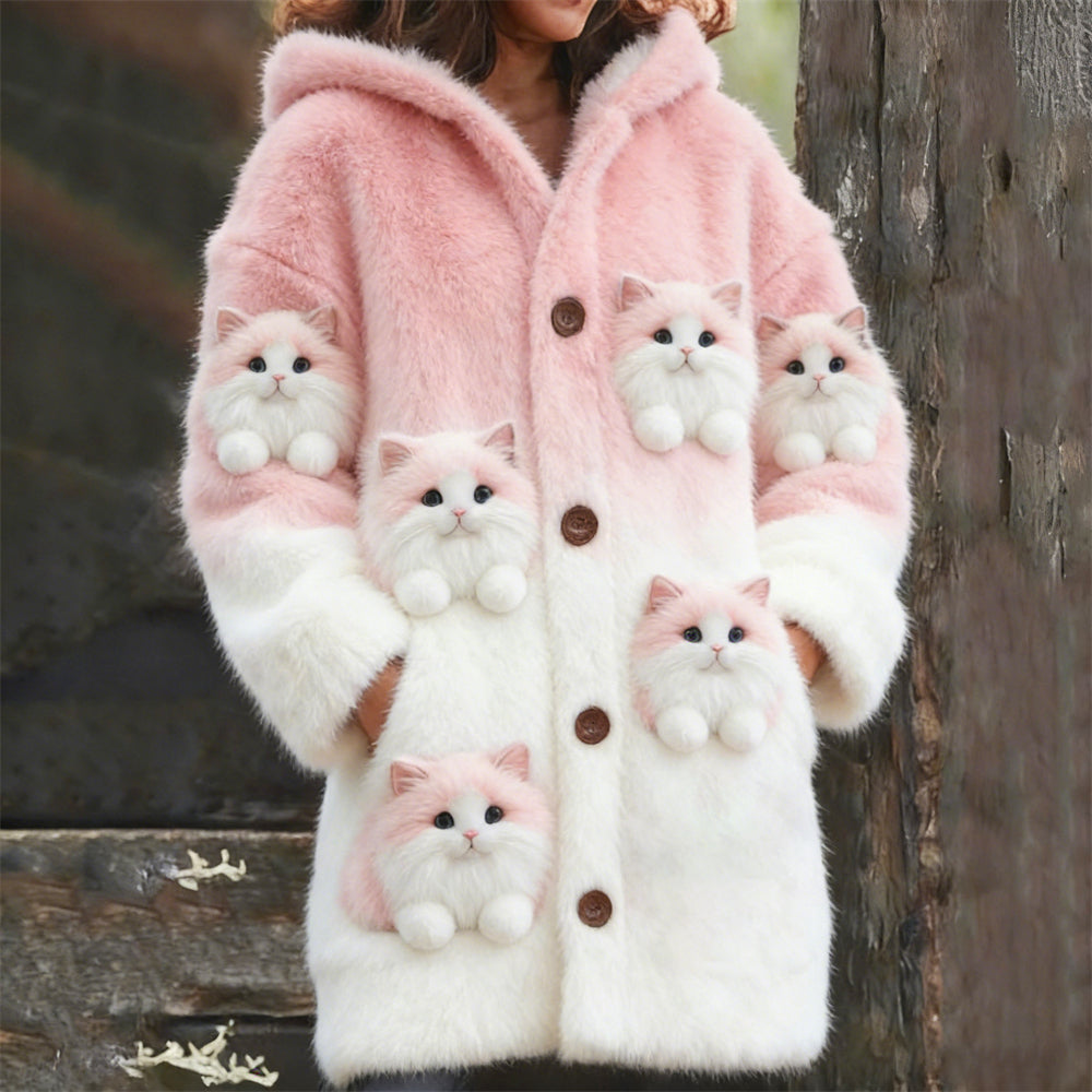 Comstylish Cute Plush Cats Gradient Women's Hooded Plush Cardigan