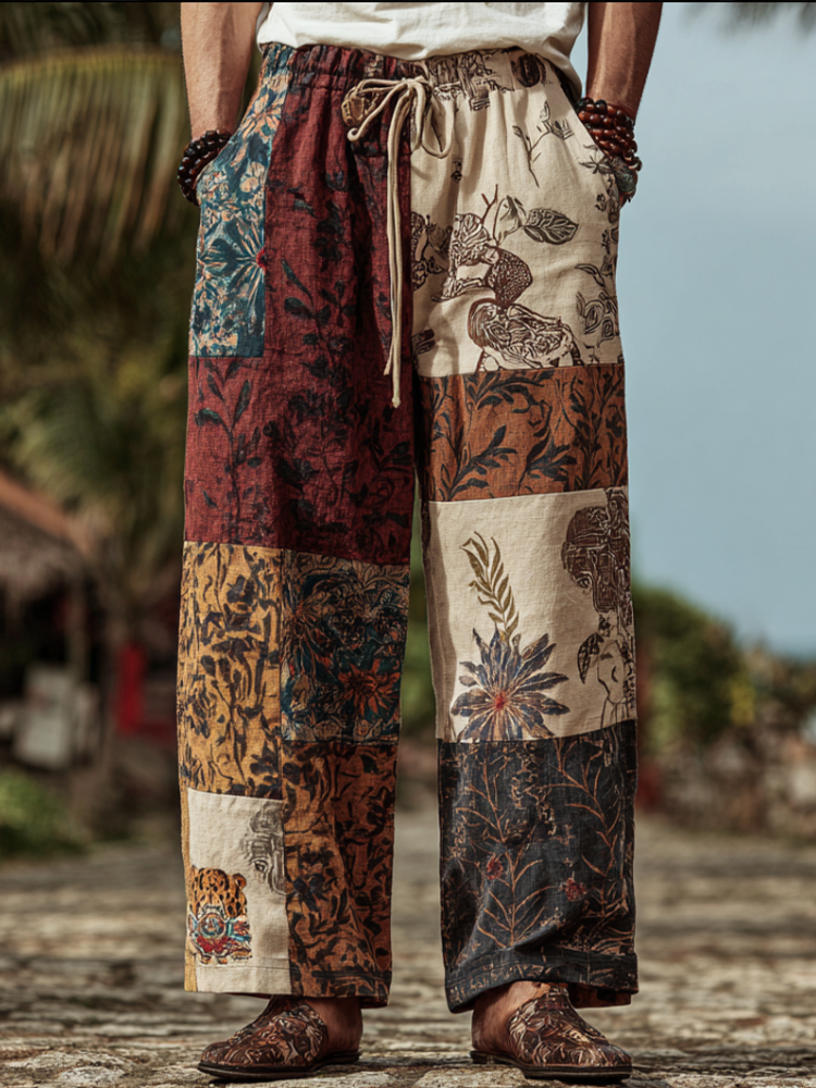 Western Bohemian Style Plant And Flower Pattern Retro Cotton And Linen Loose Wide-leg Pants artswardrobe