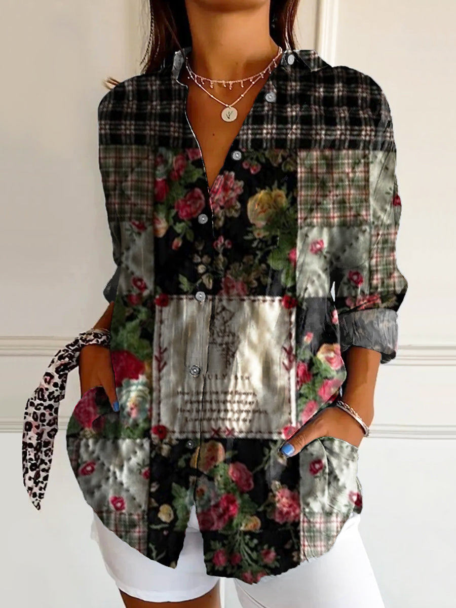 Women's Vintage Floral Art Print Casual Cotton Shirt