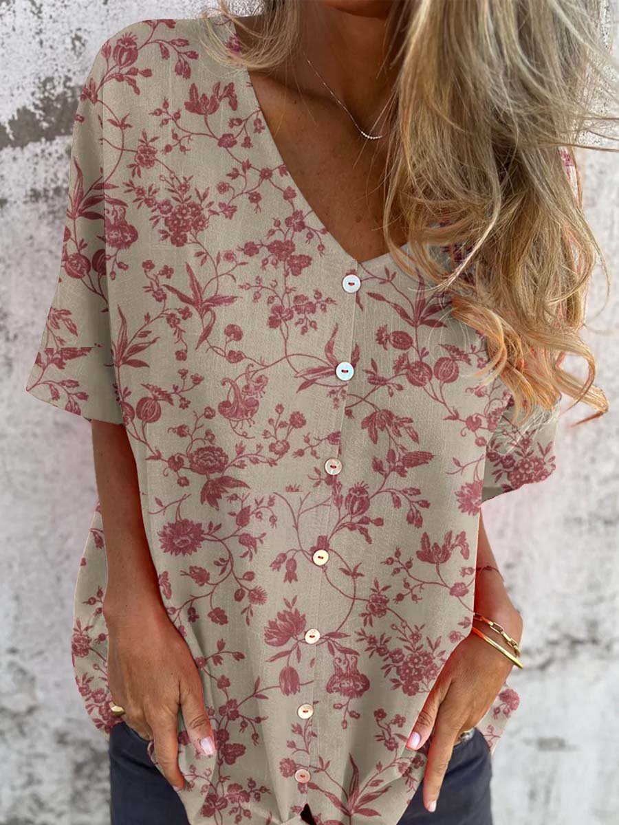 Women's Classic Elegant Floral Pattern Shirt Style Cotton and Linen Top