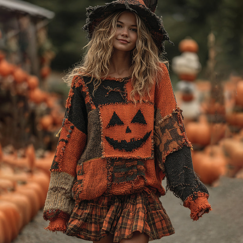 Vintage Patchwork Halloween Pumpkin Face Art Cozy Knit Sweater elevenforest
