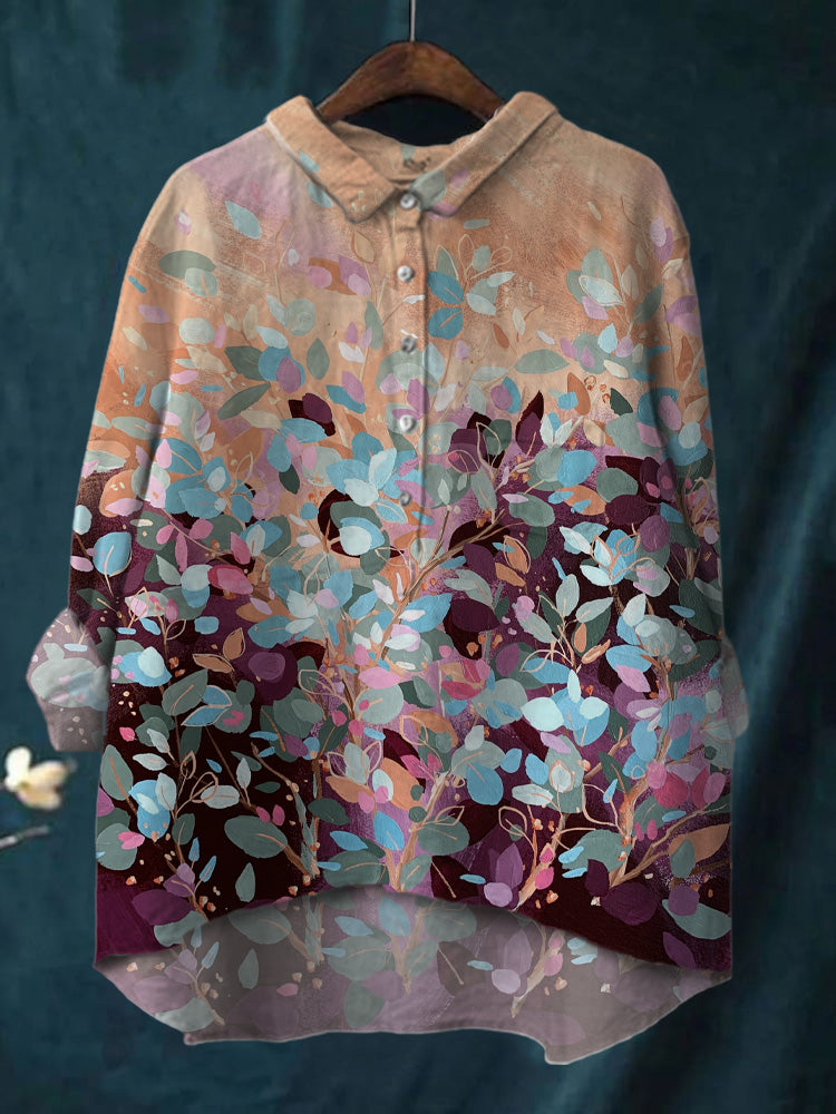 Colorful Leaf Print Casual Cotton And Linen Shirt