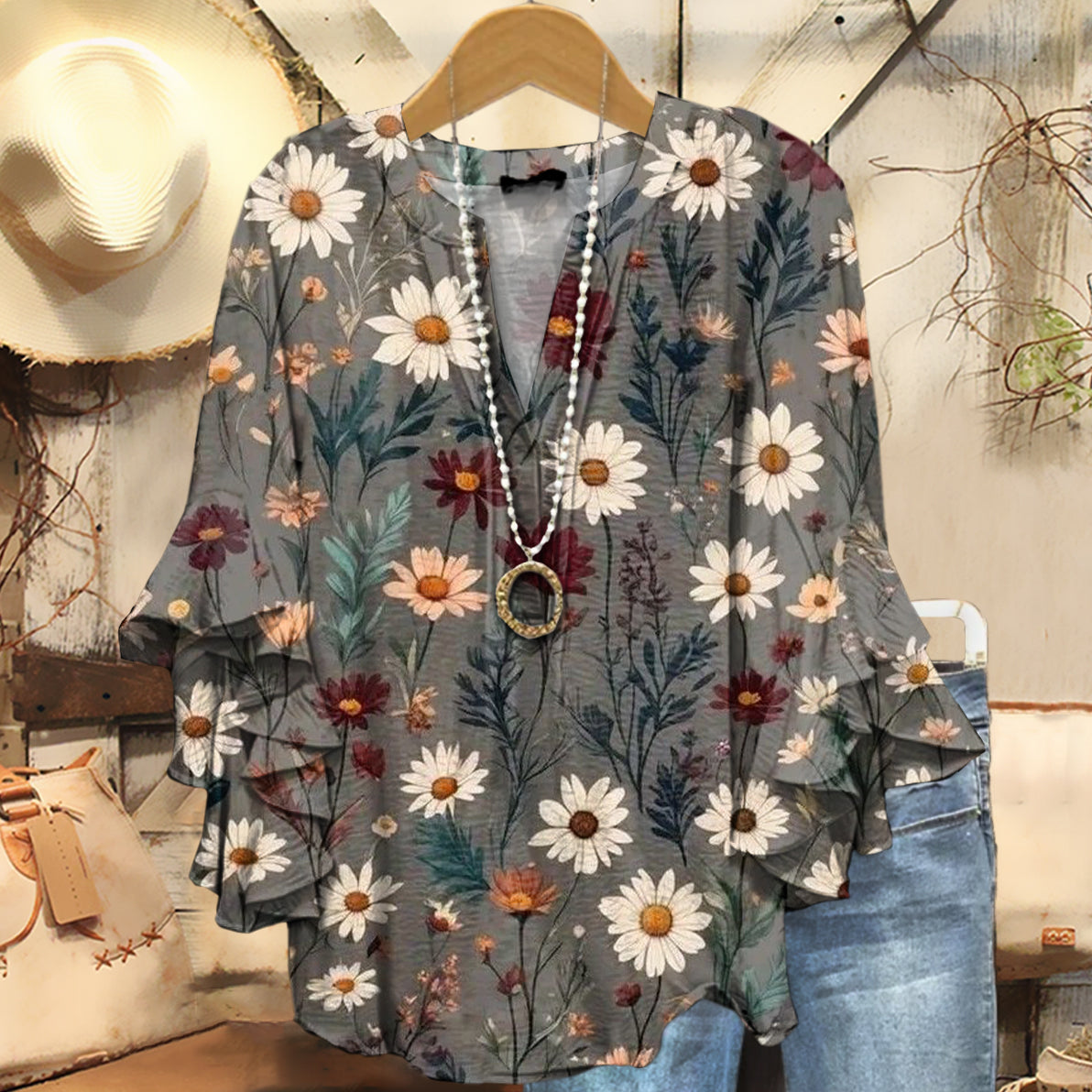 Women's Vintage Floral Art Print Casual Cotton And Linen Shirt