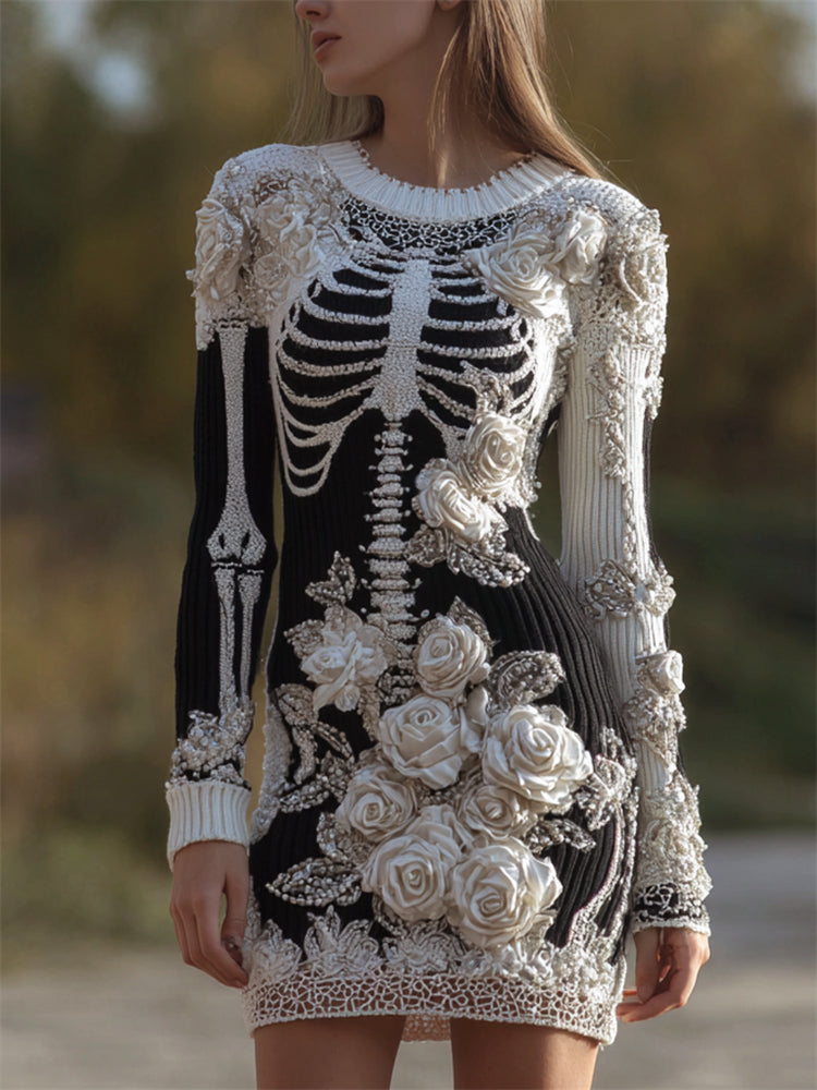 Classy Skeleton White Roses Contrast Knit Sweater Dress artswardrobe
