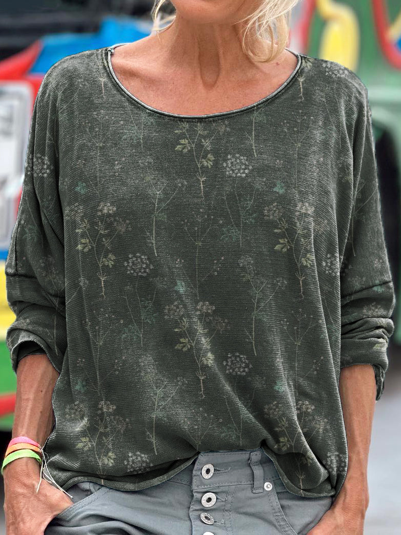 Retro Green Ethnic Style Flowers Women's Art Print Casual Long Sleeve