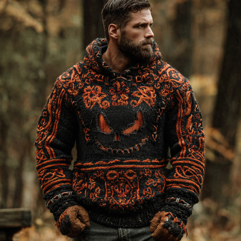 Men's Vintage Viking Halloween Ghost Face Embroidered Hoodie elevenforest