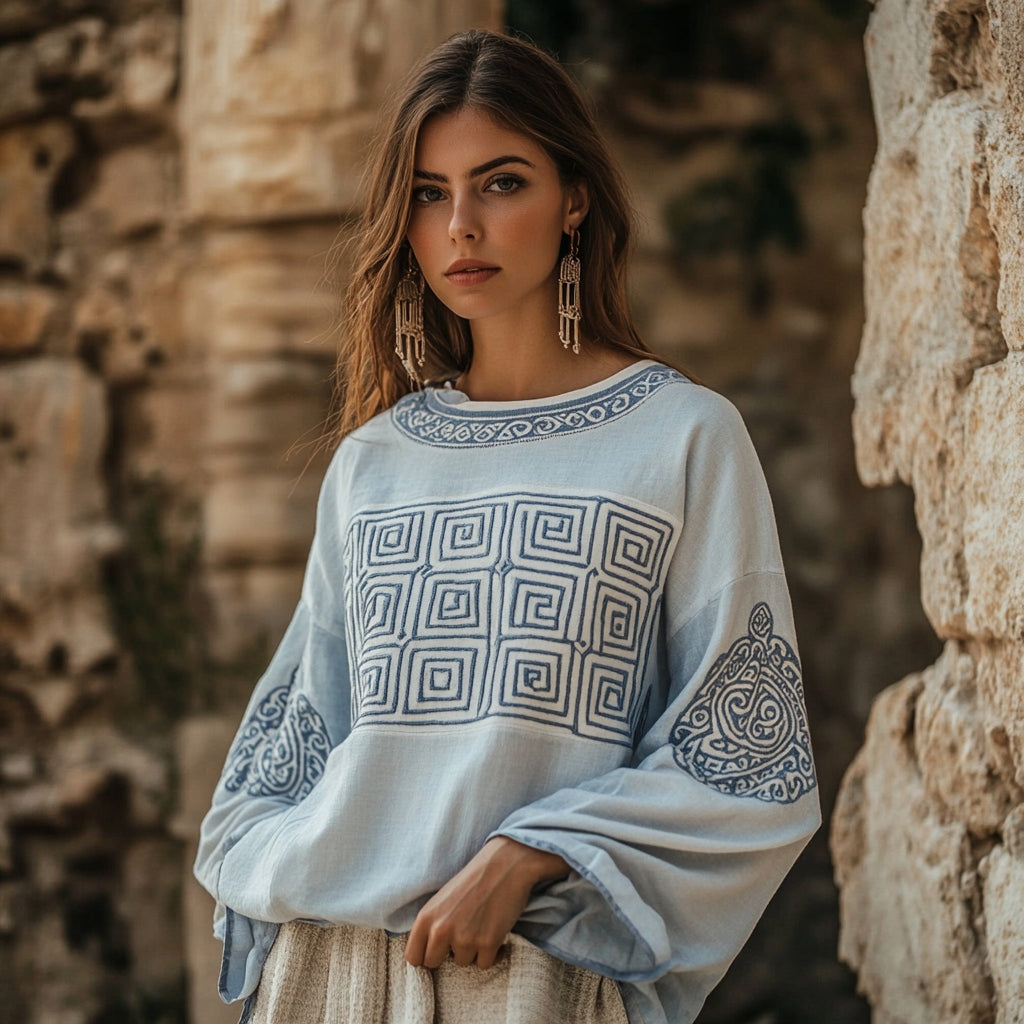 Vintage Greek Key Motif Patchwork Cotton Linen Contrast Shirt artswardrobe