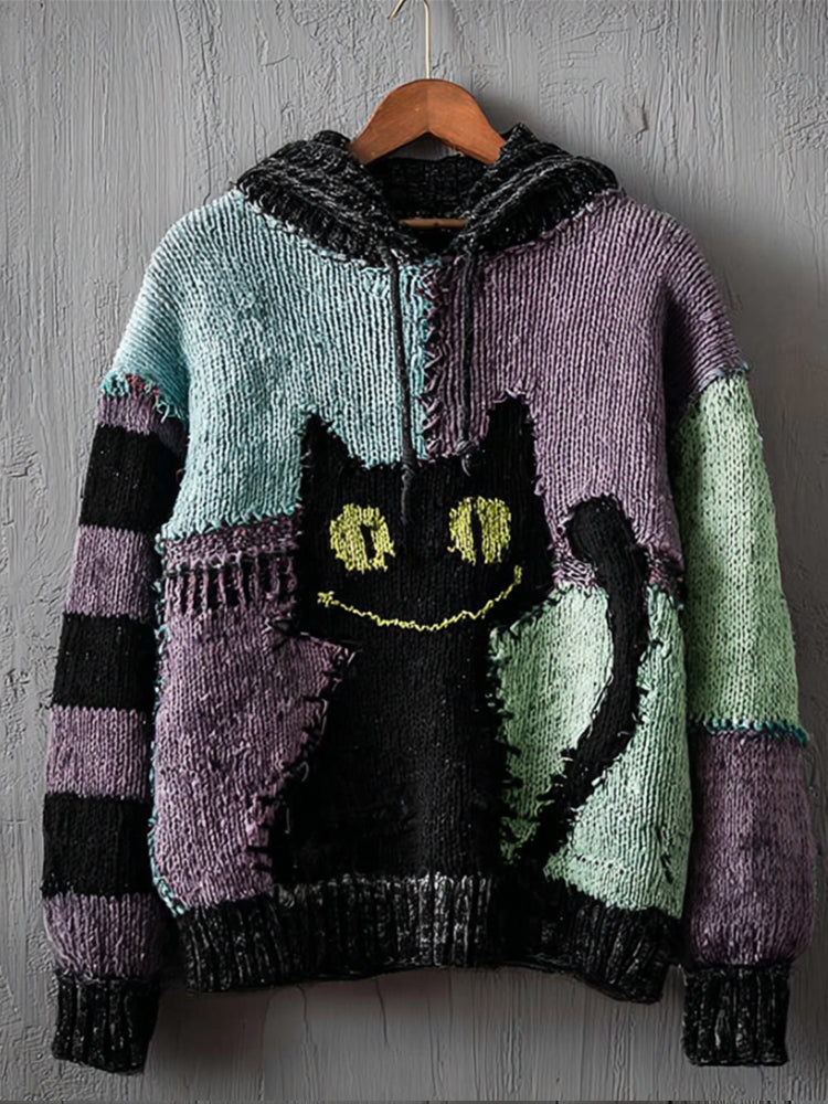 Halloween Black Cat Patchwork Vintage Hooded Sweater artswardrobe
