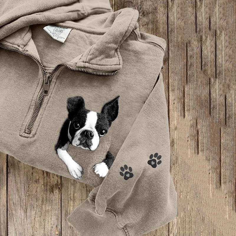 Comstylish Cute Boston Terrier Lazy Puppy Applique Wool Felt Art Zipper Sweatshirt