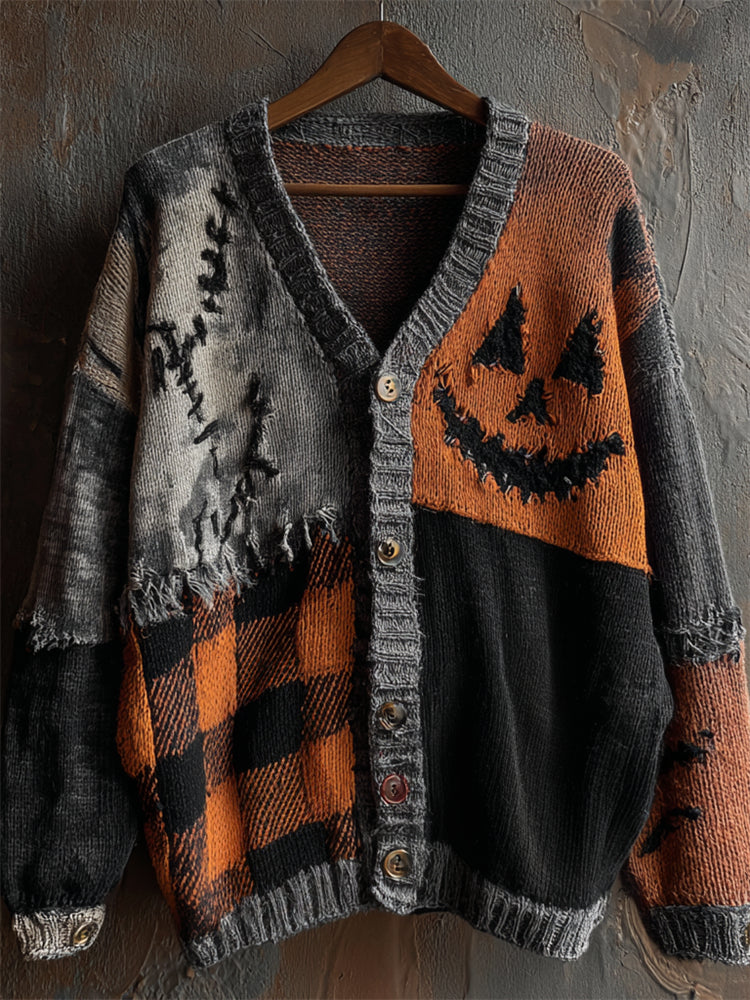 Halloween Pumpkin Face Plaid Patchwork Cozy Knit Cardigan artswardrobe